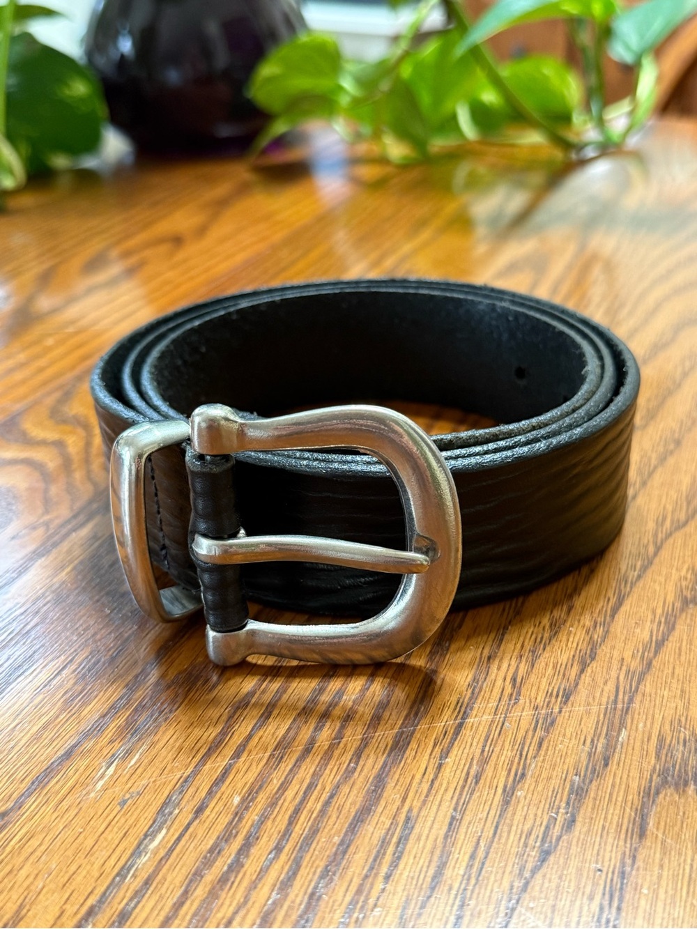 Vintage Black Leather Belt with Silver Buckle Size 3X Made in USA